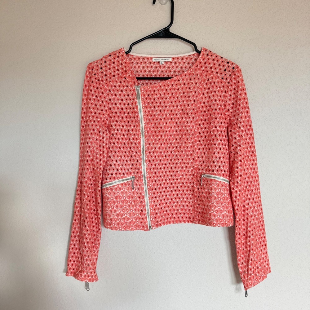 Rebecca Minkoff‎ Coral Pink Eyelet Cotton Moto Jacket Asymmetrical Zip Small